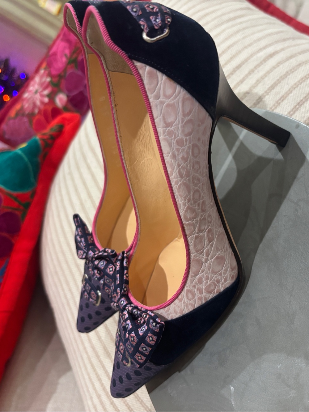 Cole Haan Navy and Light Pink Pointed Toe Heels with Bow Accent
